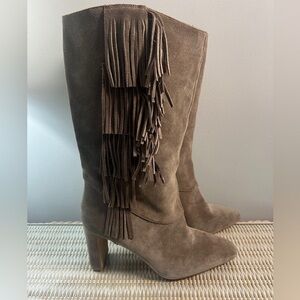 Vince Camuto Sterla Tuscan Taupe Fashion Fringe Mid Calf Block Heel Dress Boots